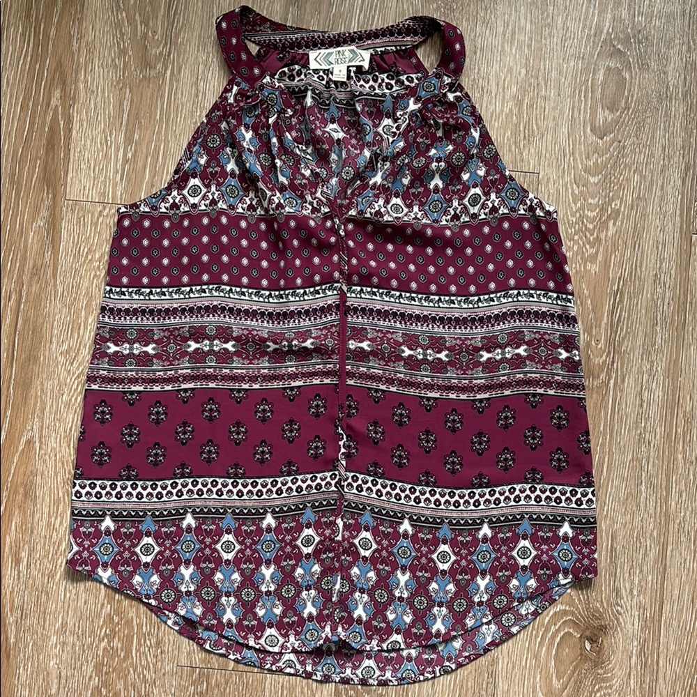 Pink Rose boho bohemian paisley flroal printed tank/blouse, small